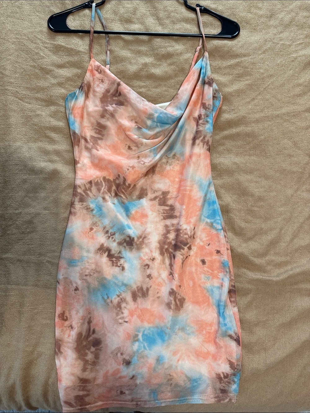 Tie-Dye Cowl Neck Slip Dress in Peach, Blue & Brown